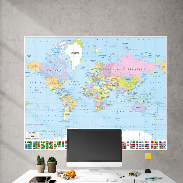 Poster adhésif Carte du monde avec drapeaux