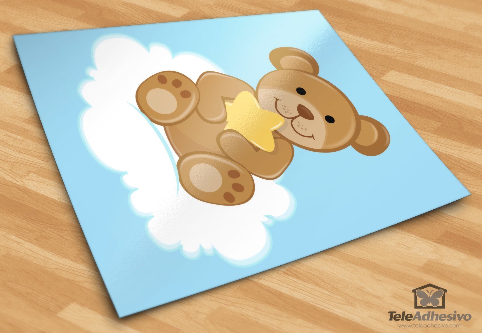 Sticker mural enfant Petit ours avec étoile assis sur le nuage