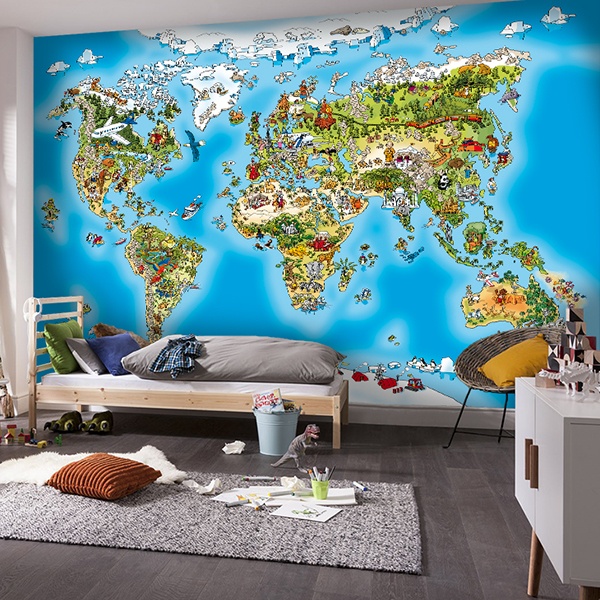 Papier peint carte du monde Animaux chambre enfant