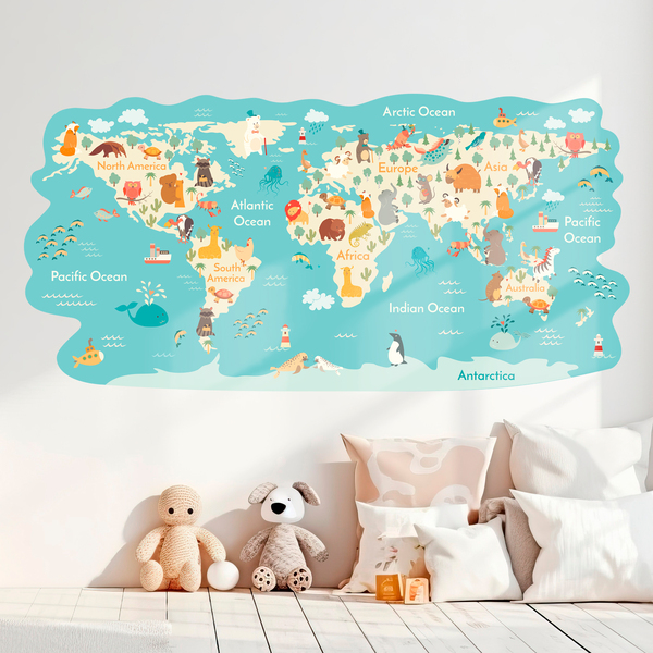 Sticker décoratif autocollant, carte du monde animaux, éducatif pour enfant  tout en couleur, 50 cm X 120 cm