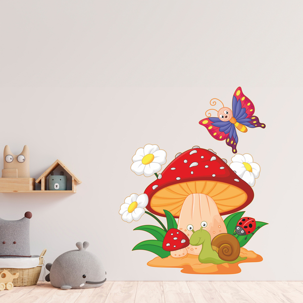 Sticker mural enfant Champignon, marguerites, escargot et papillon