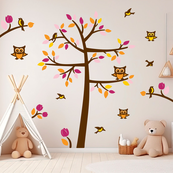 Sticker mural enfant Arbre avec des oiseaux et des hiboux