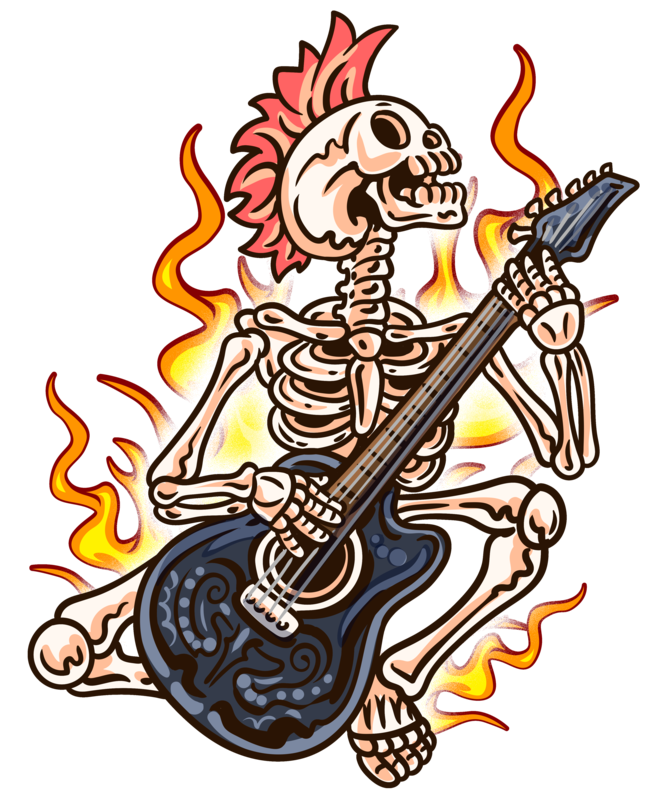 T-shirts: T-shirt Esquelette Punk Guitariste en Feu